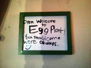 Welcome to Eggplant, You Should Come Here Always, sign in restaurant, Studio City, LA, CA, USA