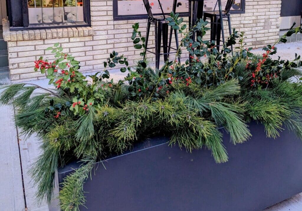 planter in front of a story with lovely winter greenery