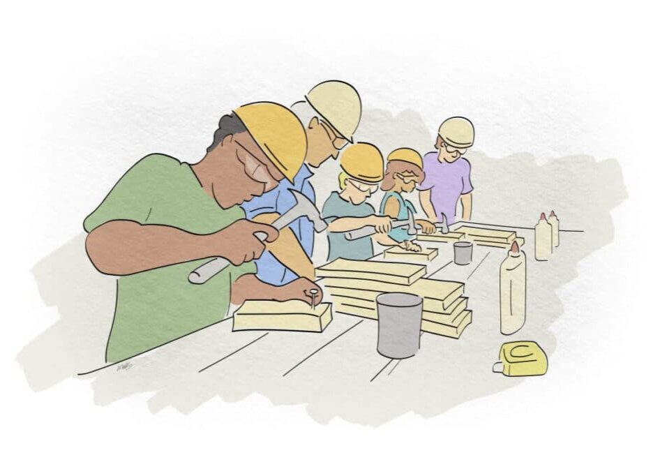 illustration by Mars Manderico of adults and students working with hammers and nails
